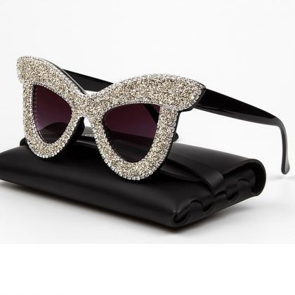 Sunglass Woman Luxury Rhinestone Cat Eye Oversized..
