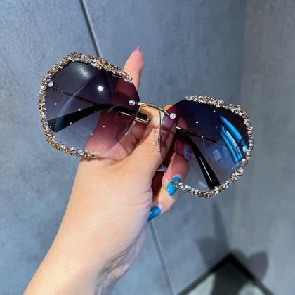 Sunglasses Women Vintage Rimless Luxury Diamond..