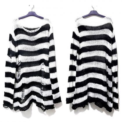 Punk Gothic Long Unisex Sweater Women Striped Cool..