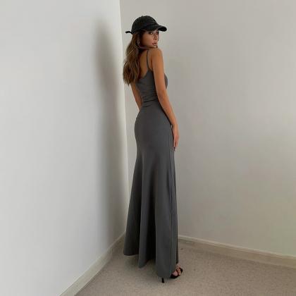 Simple Solid Dress Women Sexy Backless Off..