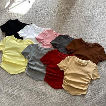 Simple Ruffle Color Short Sleeve Tops Scoop Neck..