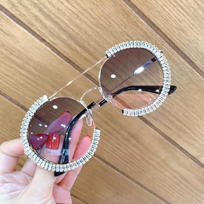 Zircon Oversized Sunglasses Luxury Round Sun..