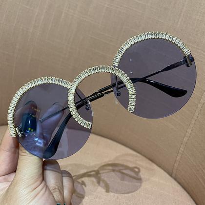 Zircon Oversized Sunglasses Luxury Round Sun..