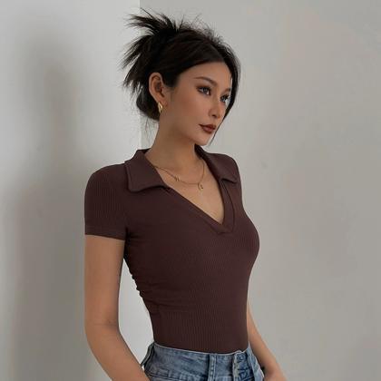 Sexy Lapel Short Sleeve Tight Shirt Top Tee