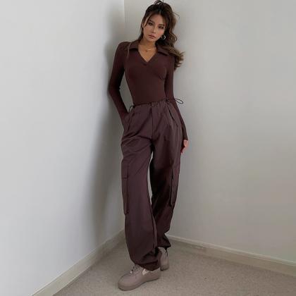 Casual Retro Street Style Solid Big Pocket Pants..