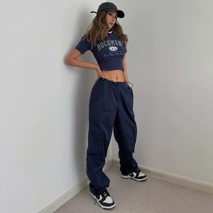 Casual Retro Street Style Solid Big Pocket Pants..