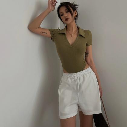 Short Sleeve Bodysuit Sexy Low-cut Shirt Top