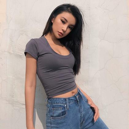 Stretch Casual Tight Short Sleeve Top U-neck Sexy..