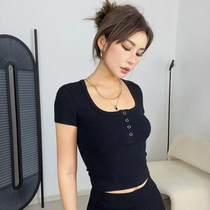 Casual Rib-knit Short Sleeve Solid Top Tight Sexy..
