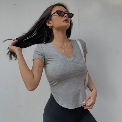 Simple Solid Short Sleeve Top Sexy V-neck..
