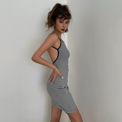 Retro Stripe Strap Dress Sexy Backless Halter..