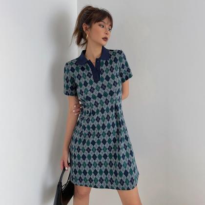 Retro Plaid Lapel Short Sleeve Mini Dress