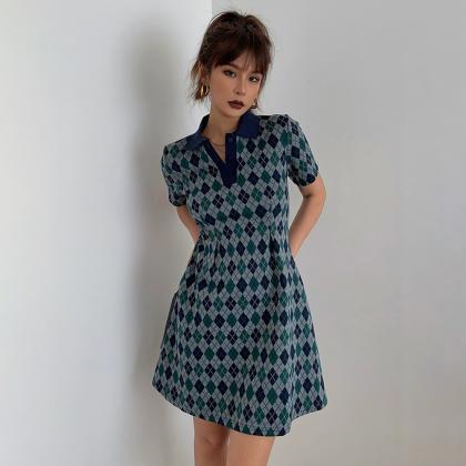 Retro Plaid Lapel Short Sleeve Mini Dress