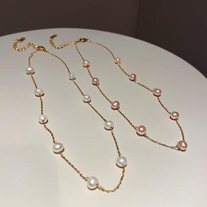 14k Real Gold Pearl Clavicle Chain Necklace For..