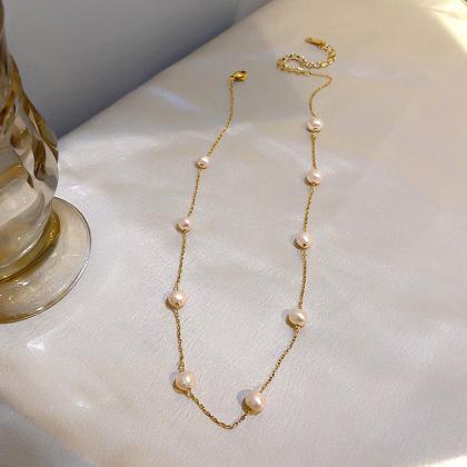 14k Real Gold Pearl Clavicle Chain Necklace For..