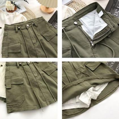 Army Green Short Cargo Skirt Women Drawstring High..