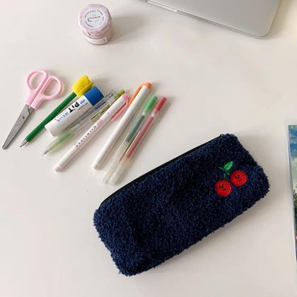Cherry Embroidery Pencil Bag Plush Pencil Case..