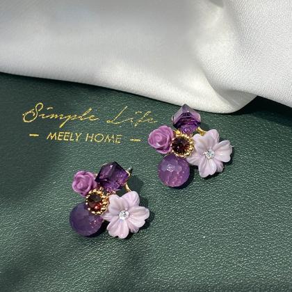 Korean Fashion Purple Crystal Flower Earrings For..