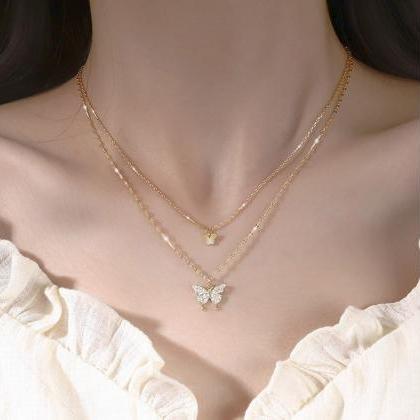 Double Butterfly Necklace Clavicle Chain