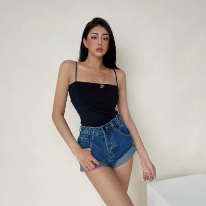Retro High Waist Solid Jeans Shorts