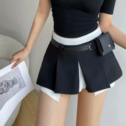Casual Waist Pack Fake Two Pieces Pleated Skirt