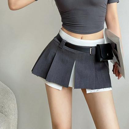 Casual Waist Pack Fake Two Pieces Pleated Skirt