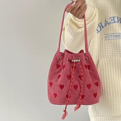 Pink Heart Embroidered Ladies Bucket Purse..