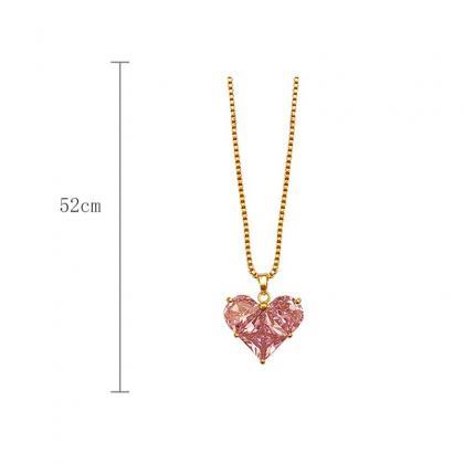 Sparkly Pink Zircon Necklace For Women Love Heart..