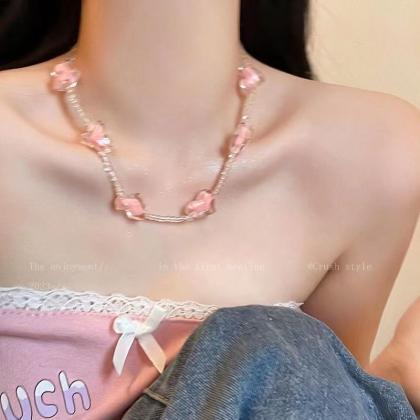 Sweet Cute Pink Heart Beaded Necklace For Women..