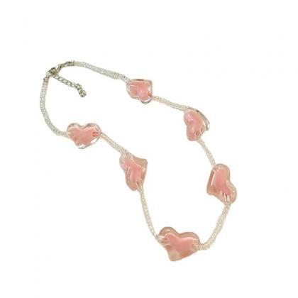 Sweet Cute Pink Heart Beaded Necklace For Women..