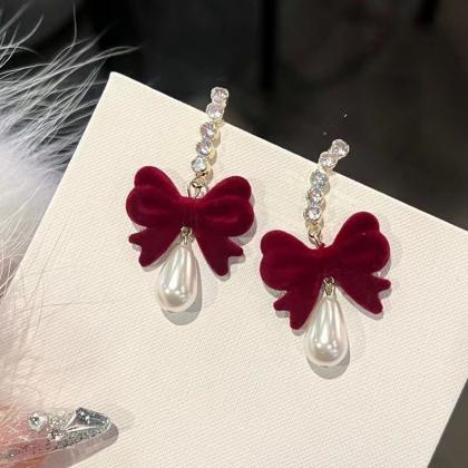 Fashion Velvet Wine Red Bowknot Earrings For Women..