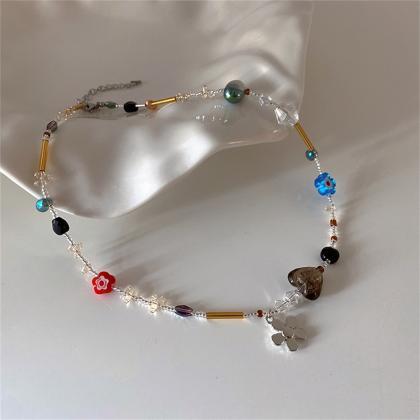 Vintage Crystal Love Heart Flower Pendant Necklace..