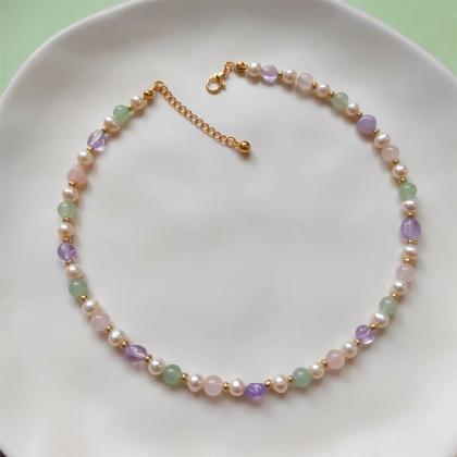 Gemstone Necklace Pearl Dainty Beaded Choker..