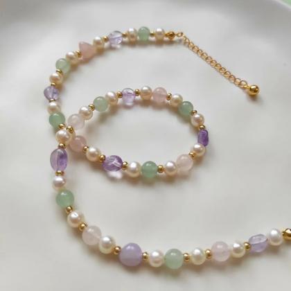 Gemstone Necklace Pearl Dainty Beaded Choker..