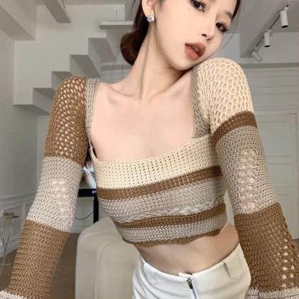 Cropped Slim Square Neck Bell Sleeve Sweater Top..