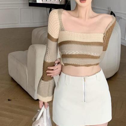 Cropped Slim Square Neck Bell Sleeve Sweater Top..