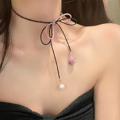 Pink Black Beaded Bow Beaded Clavicle Chain Pink..
