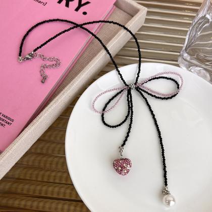 Pink Black Beaded Bow Beaded Clavicle Chain Pink..