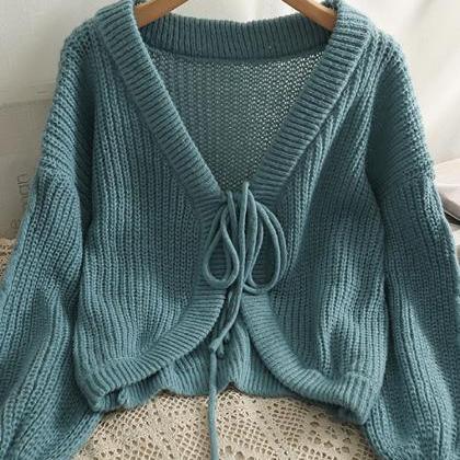 Women Drawstring Cardigans Knitted Sweater V-neck..