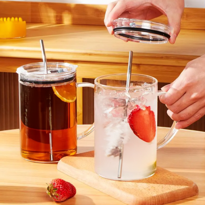 Large Capacity Glass Cup With Lid And Straw,..