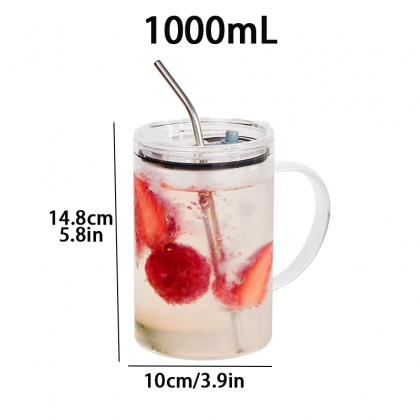 Large Capacity Glass Cup With Lid And Straw,..