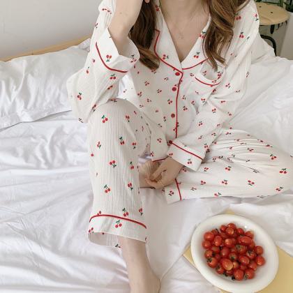 Women Cotton Long Sleeve Pajamase Set Cherry Home..
