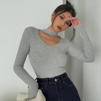 Sexy Halter Long Sleeve Solid Stretch Top
