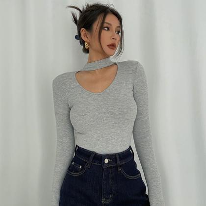 Sexy Halter Long Sleeve Solid Stretch Top