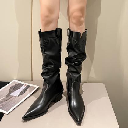 Fashion Pleated Thick Heels Boots Women Autumn..