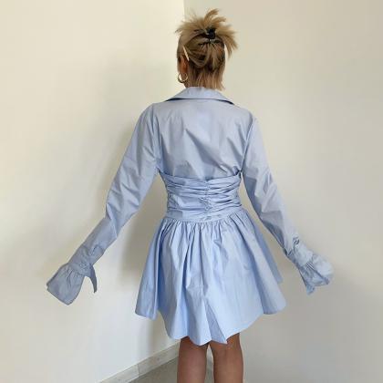 Ruffle Buttons Long Sleeve Stretch Dress Short..