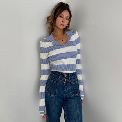Casual Long Sleeve Tight Top Stripe Shirt Sexy Top