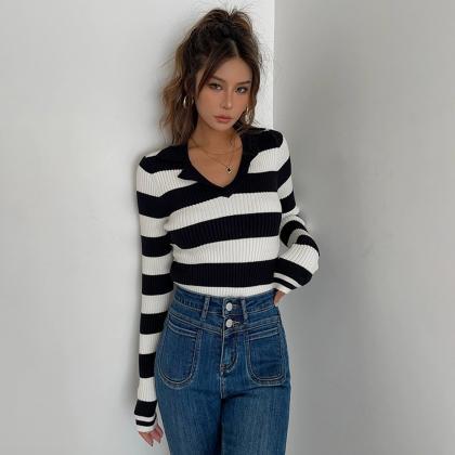 Casual Long Sleeve Tight Top Stripe Shirt Sexy Top