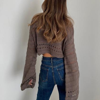 Casual Long Sleeve V-neck Top Sweater Solid Hollow..