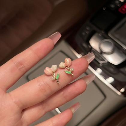 French Light Luxury Pink Tulip Flower Pearl Stud..